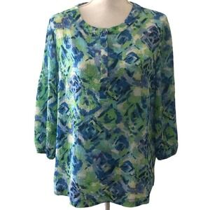 KORET top shirt Henley Linen Like blouse Women’s Size M Green Blue Multi